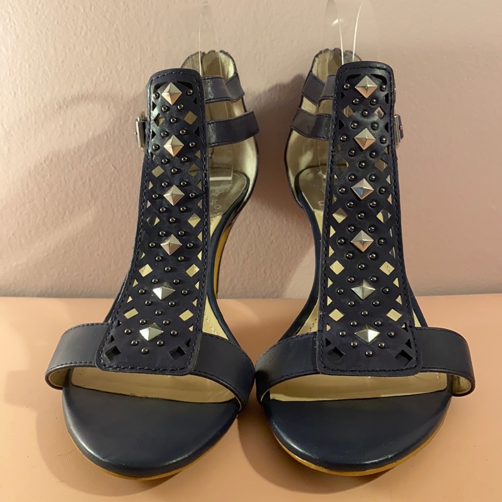 Vince Camuto - Navy Open Toe Leather 3” heel with grommets & double ankle strap